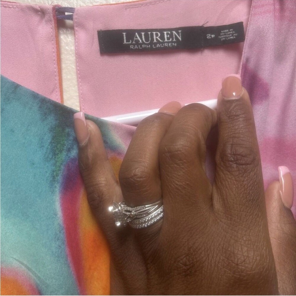 LAUREN RALPH LAUREN Watercolor Floral Crepe Shift Dress Vibrant Pastel 2p Lined - Picture 3 of 9